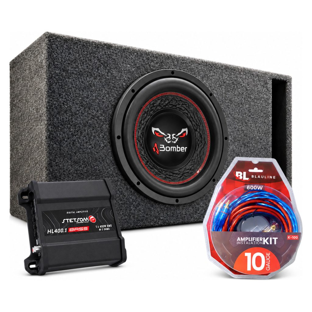 Combo Subwoofer Bomber Bicho 12″ 400W RMS + Cajón Porteado + Potencia Stetsom HL400.1 + Kit Cables – imagen 1