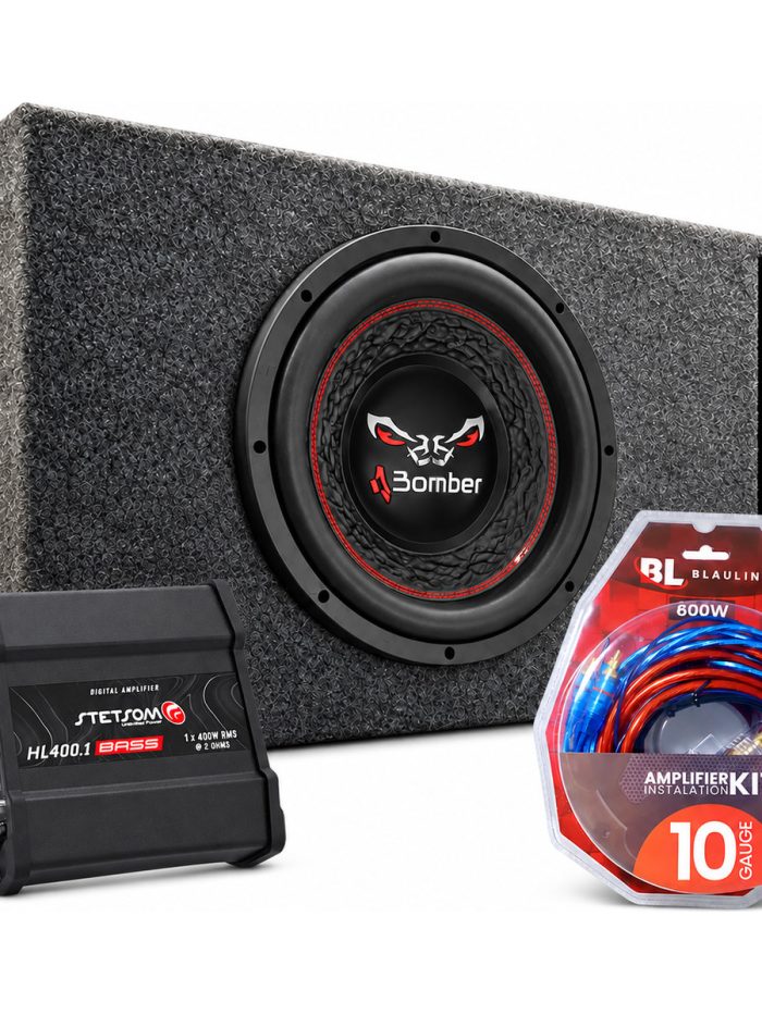 Combo Subwoofer Bomber Bicho 12" 400W RMS + Cajón Porteado + Potencia Stetsom HL400.1 + Kit Cables